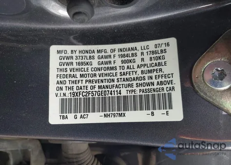 2016 Honda Civic Lx z USA, uszkodzony, nr VIN 19XFC2F57GE074114